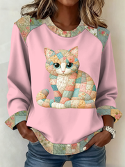 Women's Cute cat print Patchwork Top