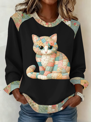 Women's Cute cat print Patchwork Top