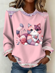 Women's Cute cat print Patchwork Top