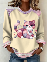 Women's Cute cat print Patchwork Top