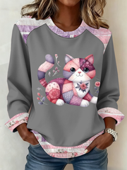 Women's Cute cat print Patchwork Top
