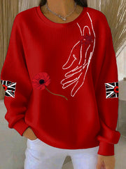 Women's British Popph Print Ribbed Round-Neck Sweatshirt