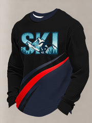 Men's Winter Sports 2026 Skiing Print Waffle Long Sleeve Sweatshirt