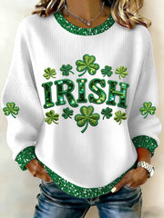 Women's St Patrick's Day Shamrock Ribbed Round-Neck Sweatshirt