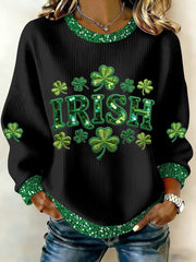 Women's St Patrick's Day Shamrock Ribbed Round-Neck Sweatshirt