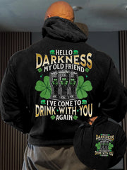 Men's Funny St Patrick's Day Hello Darkness My Old Friend I've Come To Drink With You Again Beer Cheer Shamrock Print Casual Hoodie