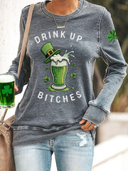 Women's Funny St. Patrick's Day Drink Up Bitches Green Beer Shamrock Print Casual Sweatshirt