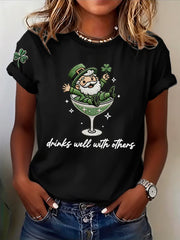 Women's St. Patrick's Day Drinks Well With Others Print Round Neck T-shirt