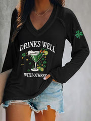 Women's St. Patrick's Day Drinks Well With Others Print V-Neck T-Shirt