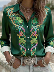Women's St. Patrick's Day Celtic Knot Shamrock Print Casual Long-Sleeve Shirt