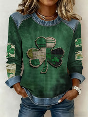 Women's St. Patrick's Day Shamrock Print Waffle Denim Patchwork Top