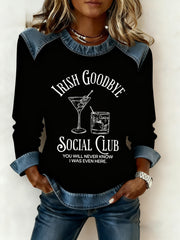 Women's Irish Goodbye Social Club Printed Denim Patchwork Top
