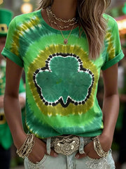 Women's St. Patrick's Day Tie-Dye Shamrock Print Casual Tee