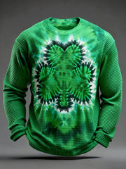 Men's St. Patrick's Day Tie-Dye Shamrock Print Casual Waffle Long Sleeve T-Shirt