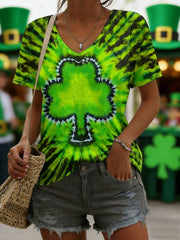 Women's St. Patrick's Day Tie-Dye Shamrock Print Casual V-Neck Tee