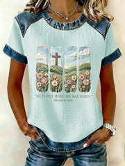 Women's Christian Easter He is not here he has risen Matthew 28:6 Waffle Patchwork Short Sleeved T-Shirt