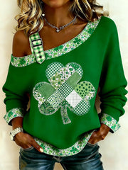 Women's St. Patrick's Day Floral Shamrock Print Casual Waffle Off-Shoulder Top