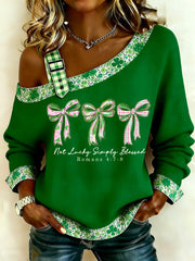 Women's St. Patrick's Day Not Lucky Simply Blessed Print Casual Waffle Off-Shoulder Top