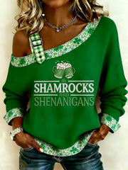 Women's Funny St. Patrick's Day Shamrocks And Shenanigans Green Beer Print Casual Waffle Off-Shoulder Top