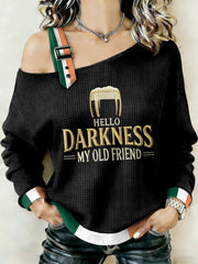 Women's Hello Darkness My Old Friend Patchwork Print Off-Shoulder Sweatshirt