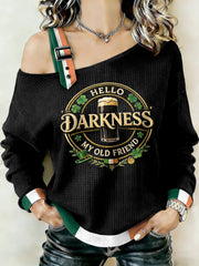 Women's Hello Darkness My Old Friend Patchwork Print Off-Shoulder Sweatshirt