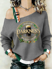 Women's Hello Darkness My Old Friend Patchwork Print Off-Shoulder Sweatshirt