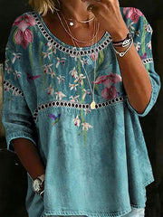 Women's Floral Art Print Cotton Linen Top