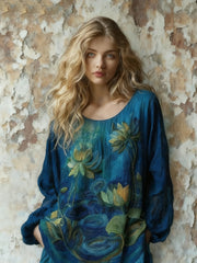 Women's Vintage Lotus Floral Landscape Art Embroidery Crew Neck T-Shirt