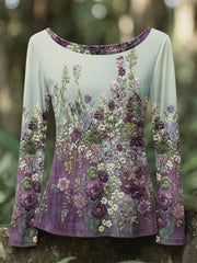 Women's Retro 3D Floral Embroidery Gradient Pattern Round Neck Long Sleeve T-shirt