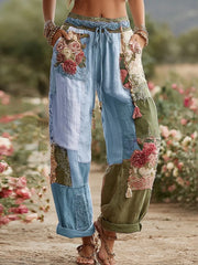 Women's Vintage Rose and Floral Patchwork Art Linen Pants