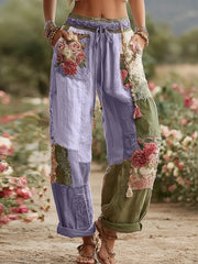 Women's Vintage Rose and Floral Patchwork Art Linen Pants