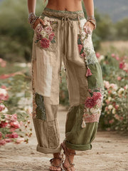 Women's Vintage Rose and Floral Patchwork Art Linen Pants