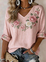 Women's Romantic Rose Embroidery Pattern Linen Blend Shirt