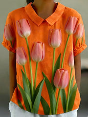 Women's Floral Print Cotton and Linen Short Sleeve Shirt