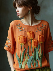 Women's Embroidered Flowy Linen Casual Shirt