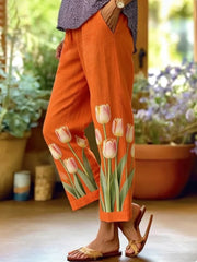 Women's Floral Print Cotton and Linen Casual Pants