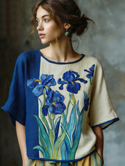 Women's Oil Painting Inspired Irises Embroidered Flowy Linen Casual Shirt
