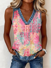Women's Abstract Art Print Denim Patchwork Top