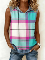 Women's Plaid Print Denim Patchwork Hooded Top