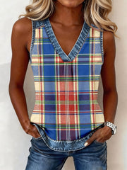 Women's Vintage Plaid Print Denim Patchwork V-Neck Top