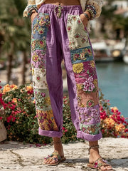 Women's Bohemian Floral Embroidery Art Contrast Color Linen Blend Casual Pants