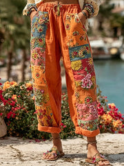Women's Bohemian Floral Embroidery Art Contrast Color Linen Blend Casual Pants