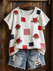 Women's Floral Print linen short-sleeved T-shirt