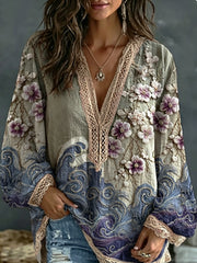 Women's Classy Gradient Japanese Sakura Cherry Blossoms And Sea Wave Embroidered Pattern Linen V-Neck Long Sleeve Shirt