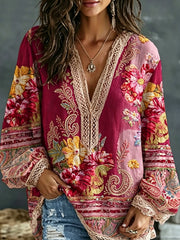 Women's Bohemian Floral Embroidery Art Contrast Color Linen Blend V-Neck Long Sleeve Shirt
