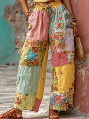 Women's Bohemian Floral Embroidery Art Contrast Color Linen Blend Casual Pants
