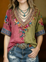 Women's Retro Flower Embroidered V-Neck Short Sleeve Cotton Top