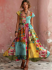 Women's Bohemian Floral Embroidery Art Round Neck Short Sleeve Midi Dress
