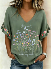 Women's It Is Well With My Soul Floral Print Casual Ruffle Sleeve Tee