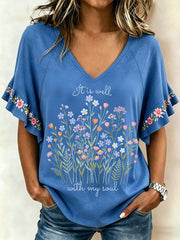 Women's It Is Well With My Soul Floral Print Casual Ruffle Sleeve Tee